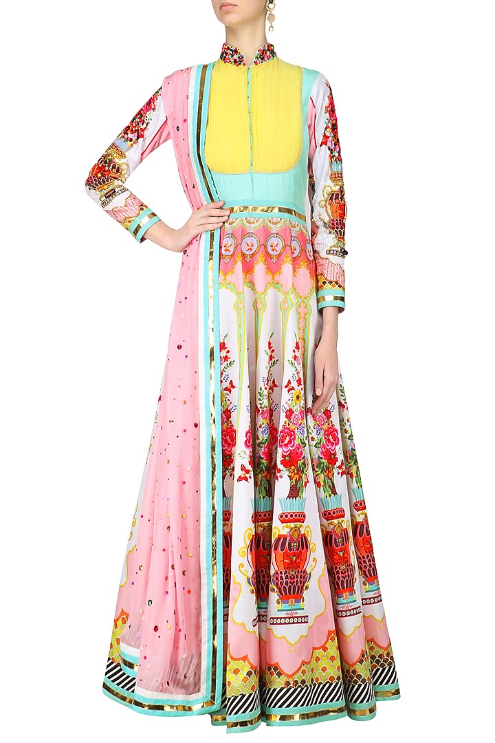 Blue multicolored handembroidered anarkali with pink embellished dupatta available only at Pernia's Pop Up Shop.