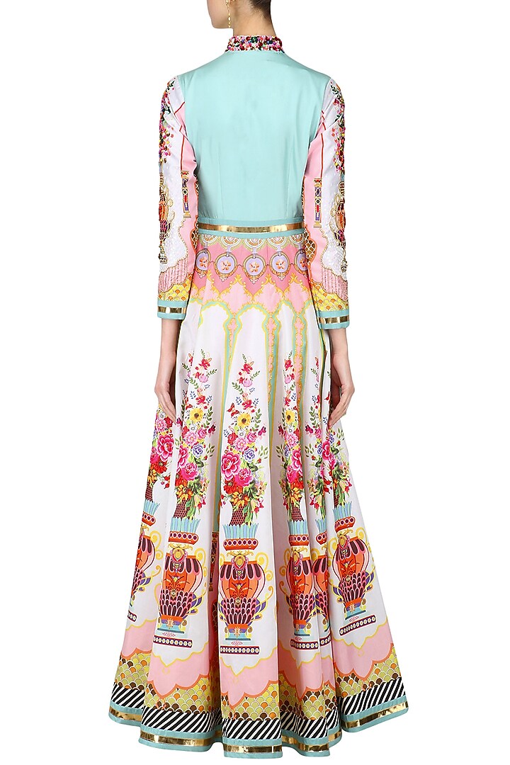 Blue multicolored handembroidered anarkali with pink embellished dupatta available only at Pernia's Pop Up Shop.