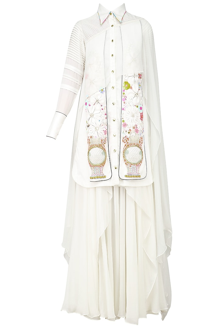 Ivory Floral Embroidered Cape Shirt and Draped Skirt Set by Param Sahib