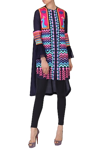 Navy Blue Applique Work Tunic Dress by Param Sahib
