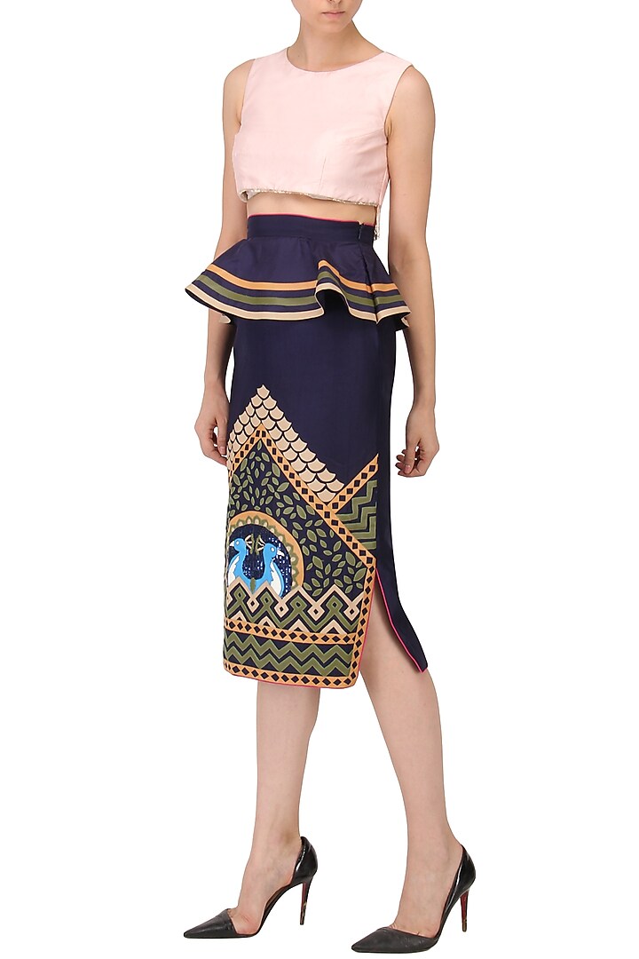Navy Blue Applique Work Peplum Skirt by Param Sahib