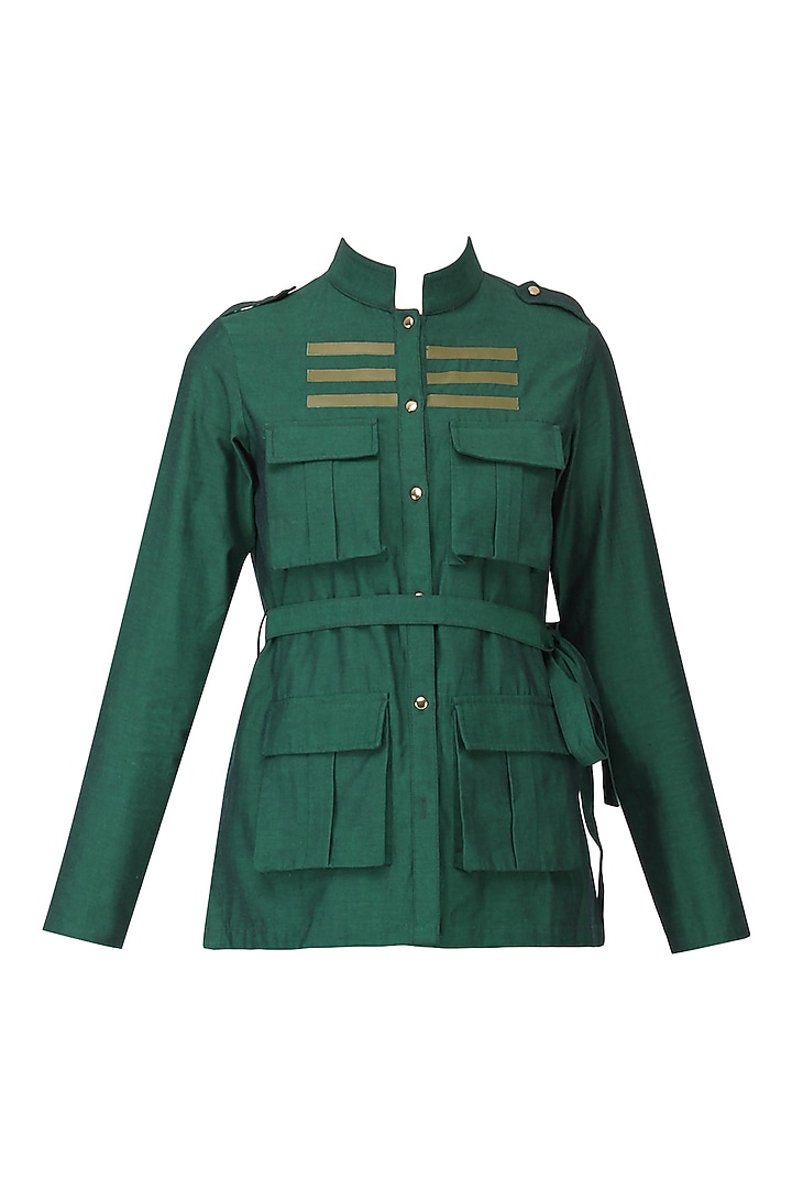 Green faux leather stripe work shirt available only at Pernia's Pop Up Shop.