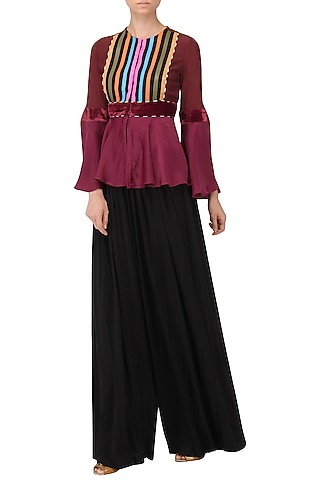 Wine Faux Leather Stripes Peplum Top by Param Sahib