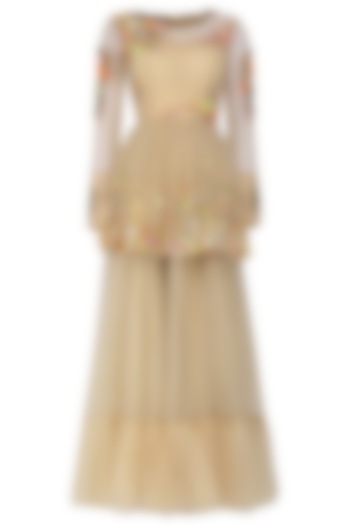 Beige Hand Embroidered Gathered Peplum Gown by Param Sahib