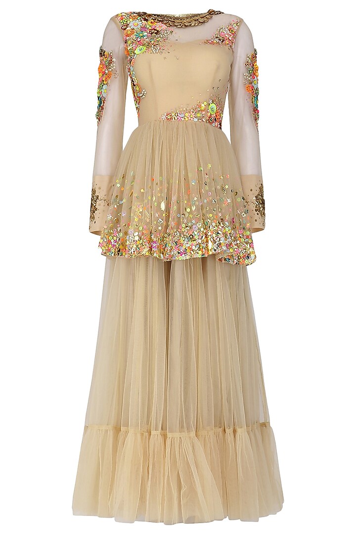 Beige Hand Embroidered Gathered Peplum Gown by Param Sahib