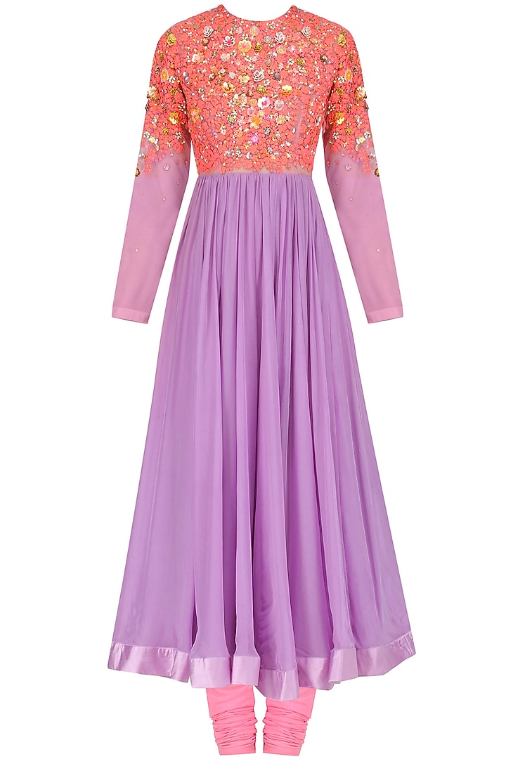 Pink and lavender dori embroidered anarkali set available only at Pernia's Pop Up Shop.