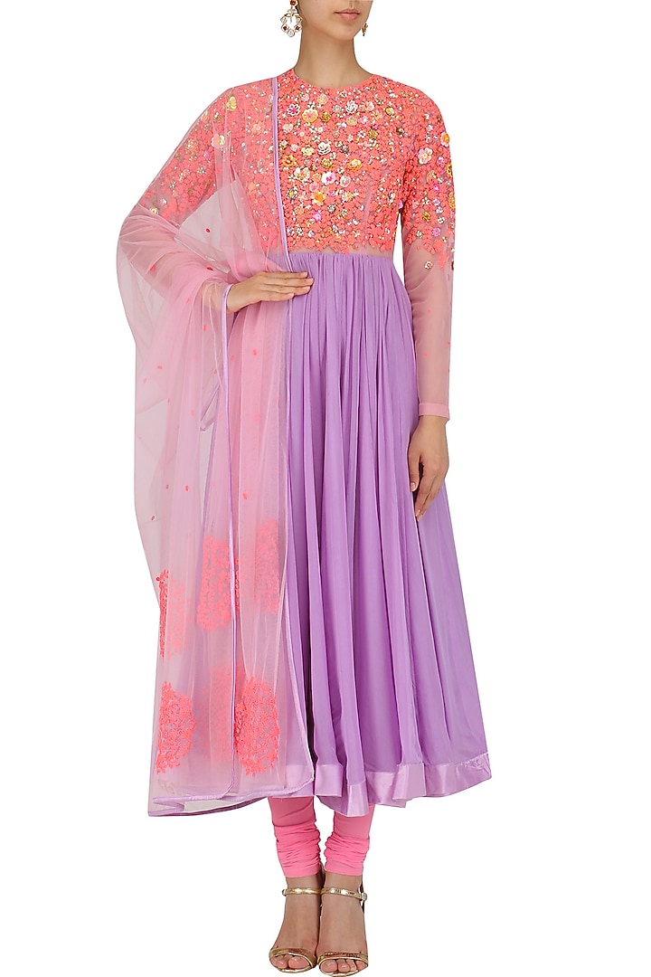 Pink and lavender dori embroidered anarkali set available only at Pernia's Pop Up Shop.