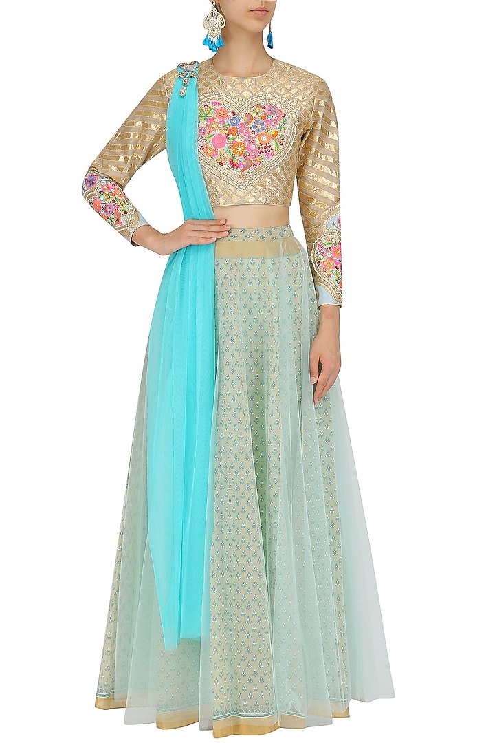 Beige heart motif crop top and blue skirt set available only at Pernia's Pop Up Shop.