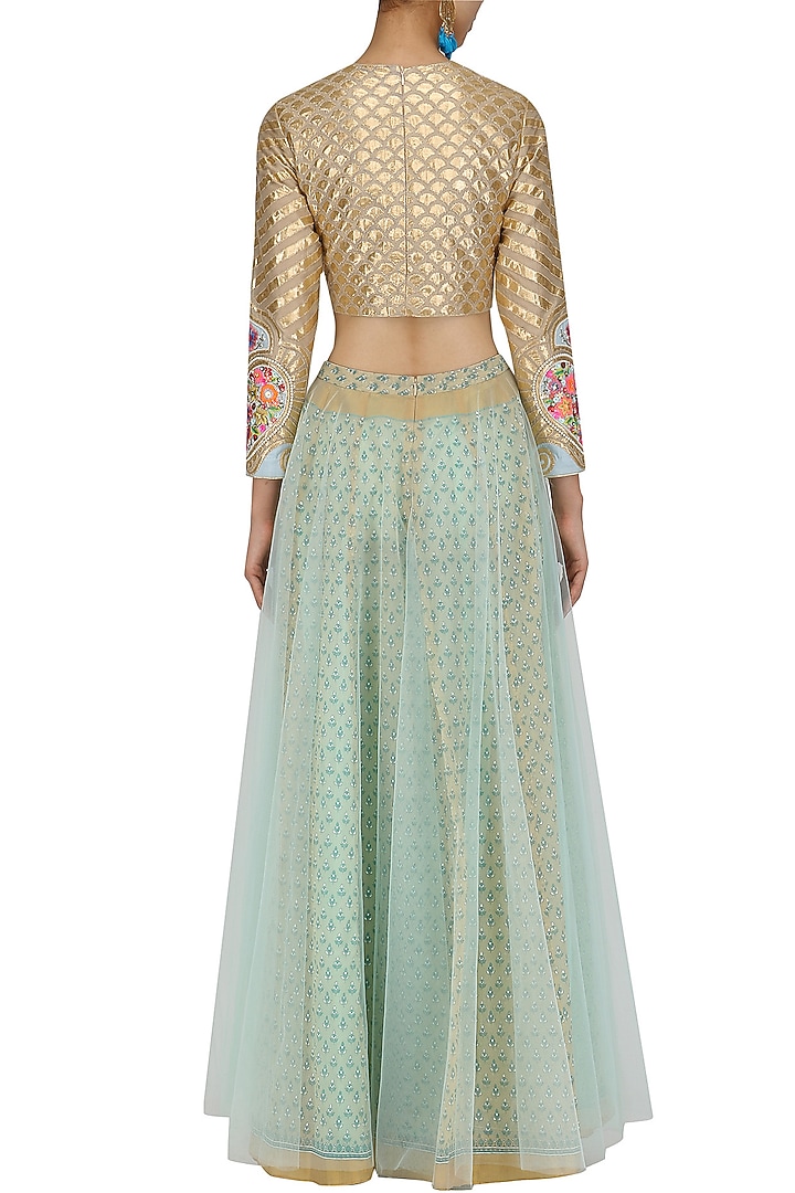 Beige heart motif crop top and blue skirt set available only at Pernia's Pop Up Shop.