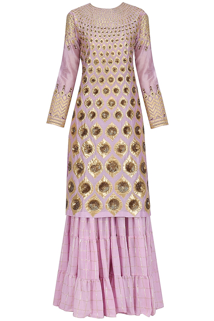 Lavender Hand Embroidered Kurta and Sharara Pants Set by Param Sahib