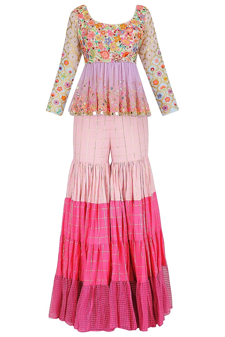 Baby Pink , Wine and Lavender Embroidered Peplum Blouse with Sharara Pants by Param Sahib