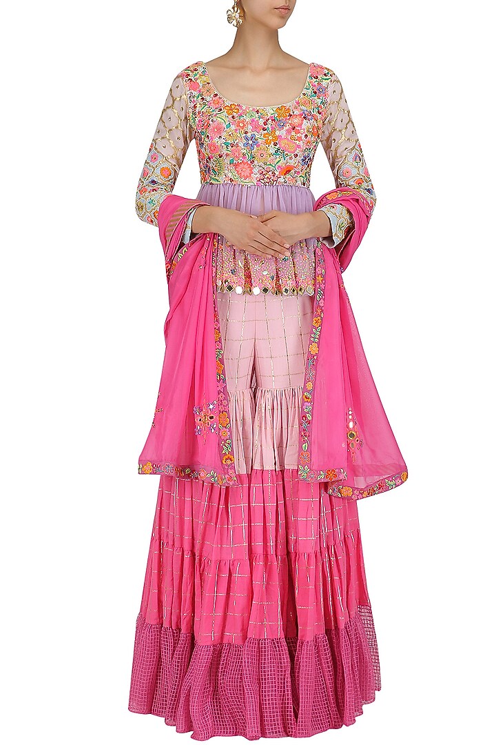 Baby pink , wine and lavender embroidered peplum blouse with sharara pants available only at Pernia's Pop Up Shop.