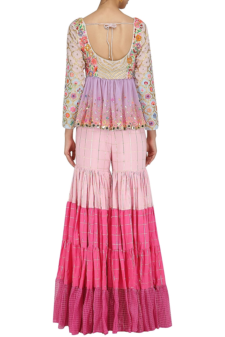 Baby pink , wine and lavender embroidered peplum blouse with sharara pants available only at Pernia's Pop Up Shop.