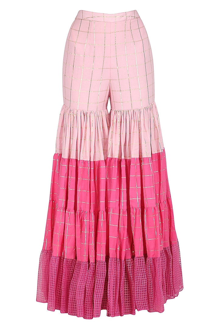 Baby pink , wine and lavender embroidered peplum blouse with sharara pants available only at Pernia's Pop Up Shop.