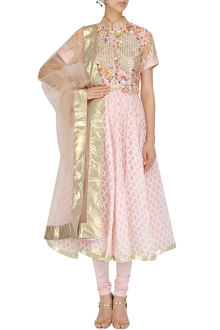Peach floral embroidered anarkali set available only at Pernia's Pop Up Shop.