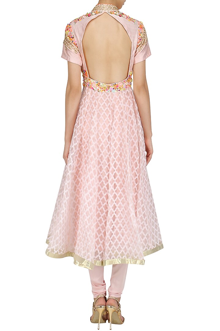Peach floral embroidered anarkali set available only at Pernia's Pop Up Shop.