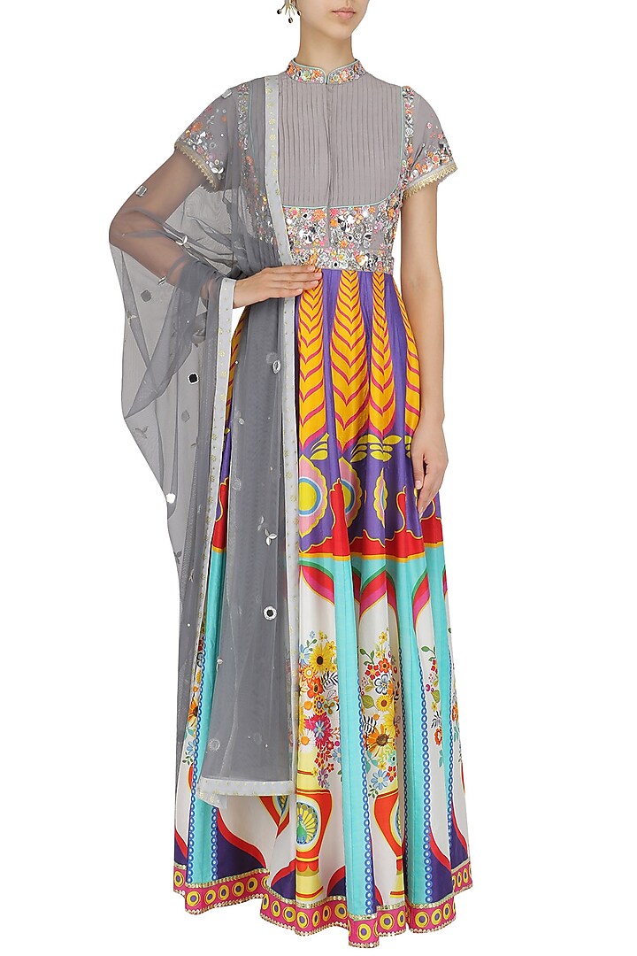 Grey floral work high neck anarkali set available only at Pernia's Pop Up Shop.