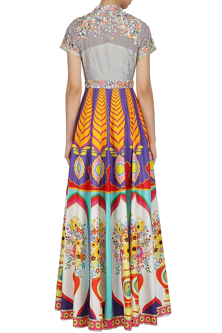 Grey floral work high neck anarkali set available only at Pernia's Pop Up Shop.