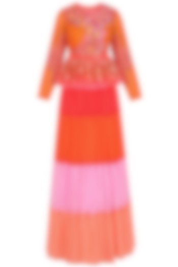 Orange Sequins Embroidered Peplum Blouse and Skirt Set by Param Sahib