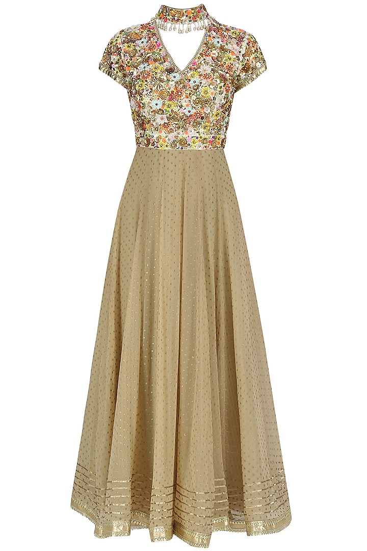 Beige Hand Embroidered Anarkali with Ice Blue Dupatta by Param Sahib
