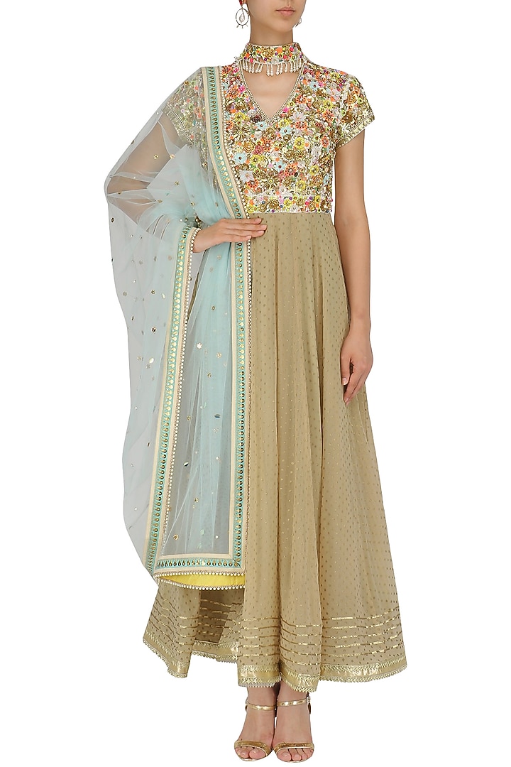 Beige hand embroidered anarkali with ice blue dupatta available only at Pernia's Pop Up Shop.