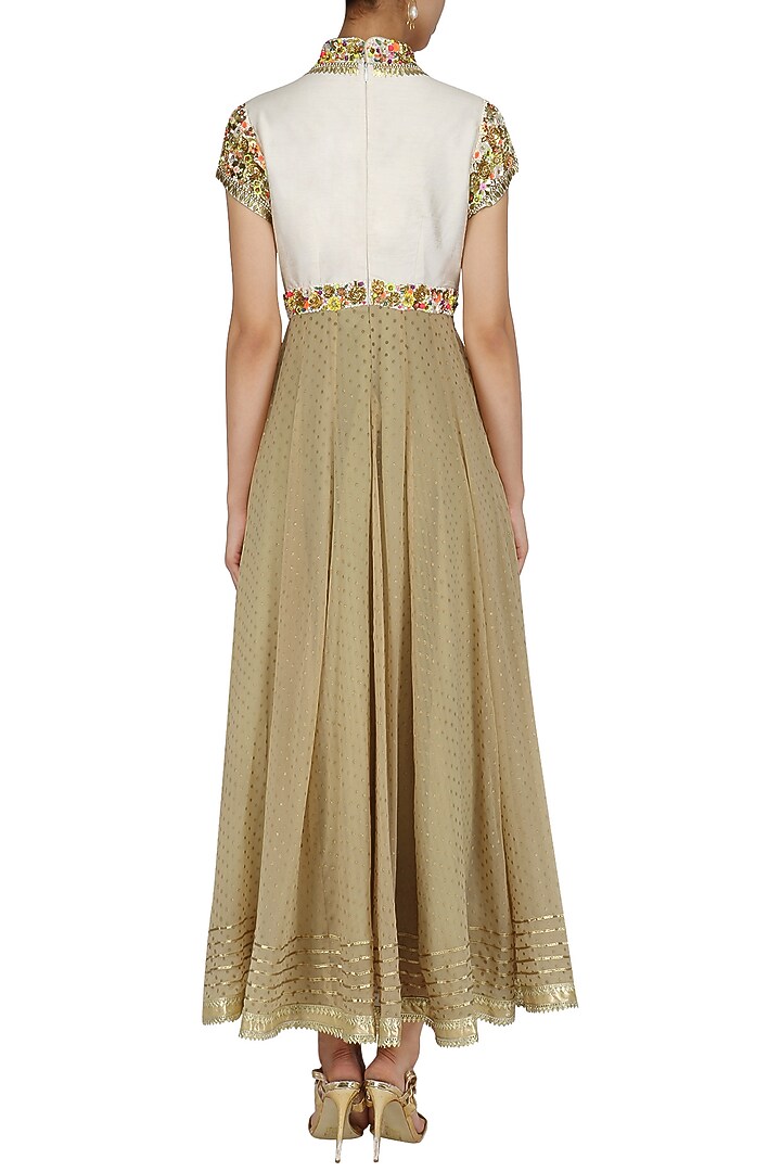 Beige hand embroidered anarkali with ice blue dupatta available only at Pernia's Pop Up Shop.