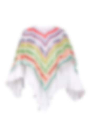 White Handembroidered Multistriped Poncho Top by Param Sahib