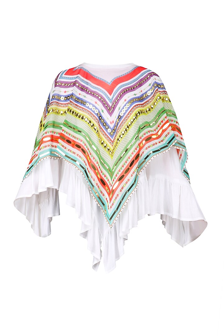 White Handembroidered Multistriped Poncho Top by Param Sahib