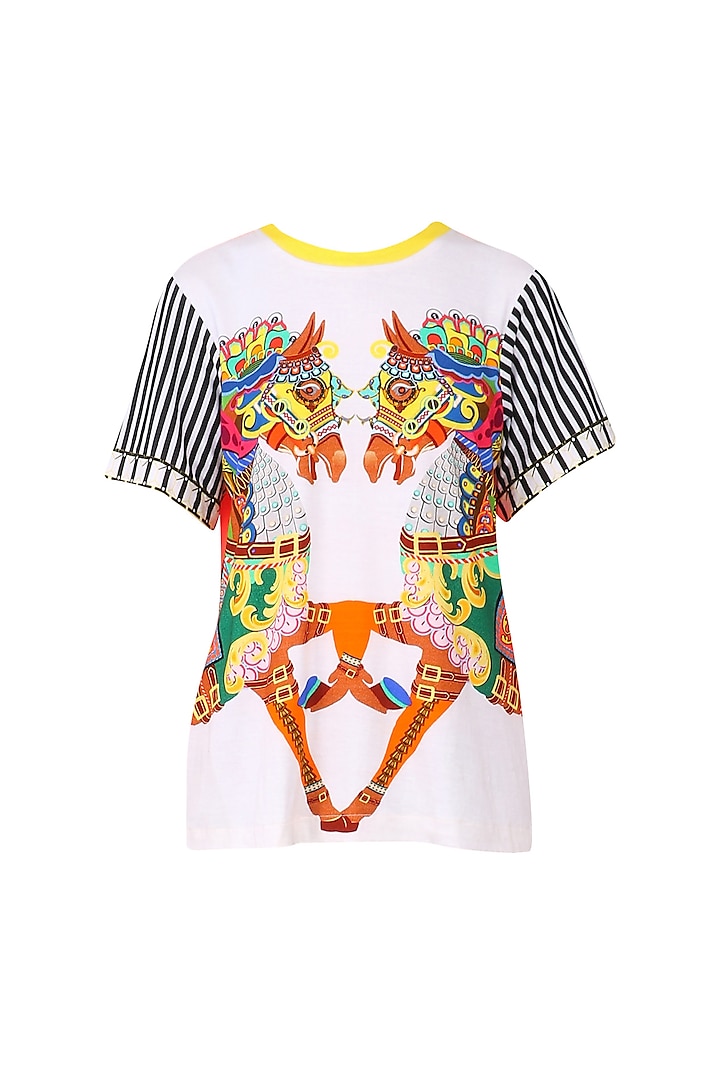 White Horse Printed Top with Striped Sleeves by Param Sahib