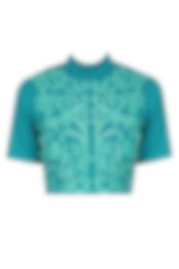 Teal Faux Leather Hand Cutwork Crop Top by Param Sahib