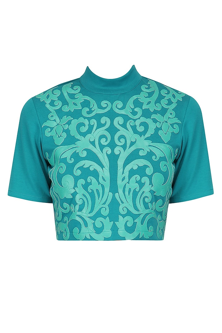Teal Faux Leather Hand Cutwork Crop Top by Param Sahib