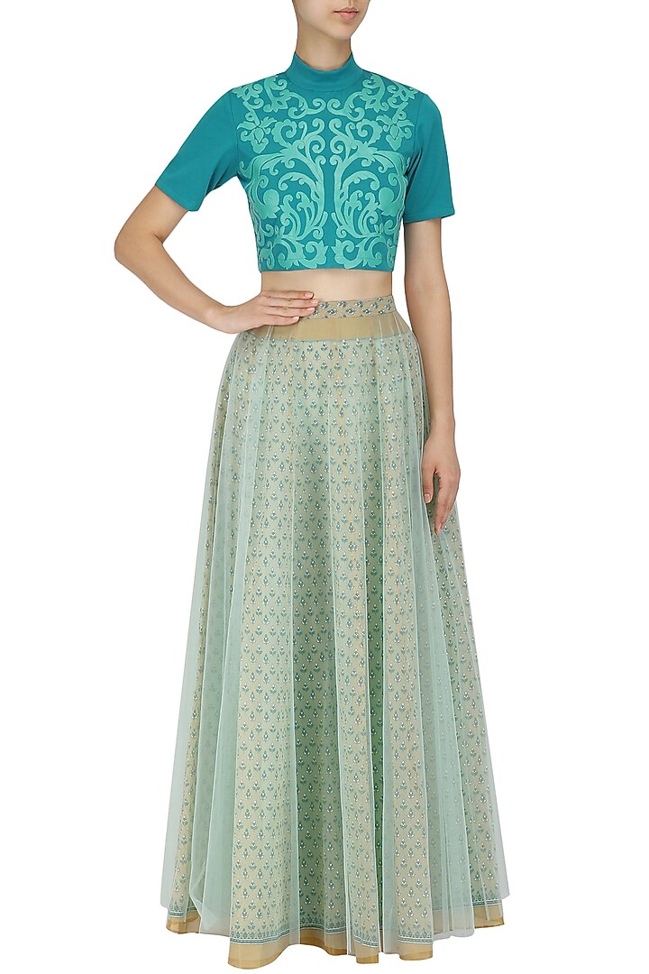 Teal faux leather hand cutwork crop top available only at Pernia's Pop Up Shop.
