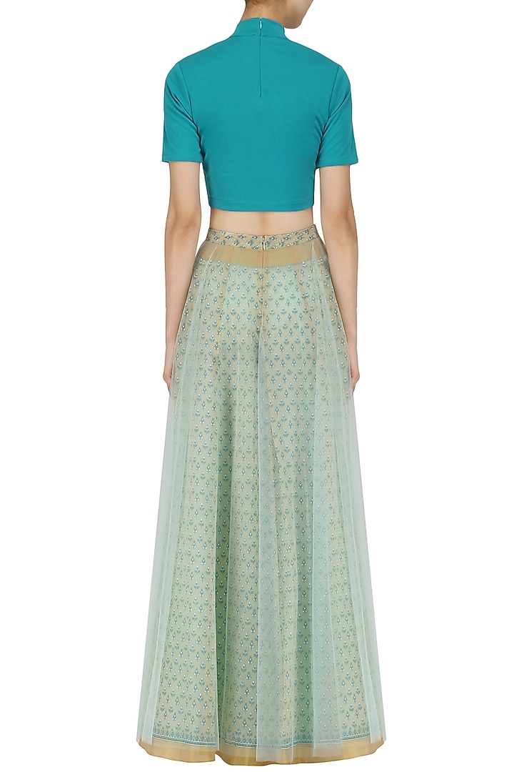 Teal faux leather hand cutwork crop top available only at Pernia's Pop Up Shop.