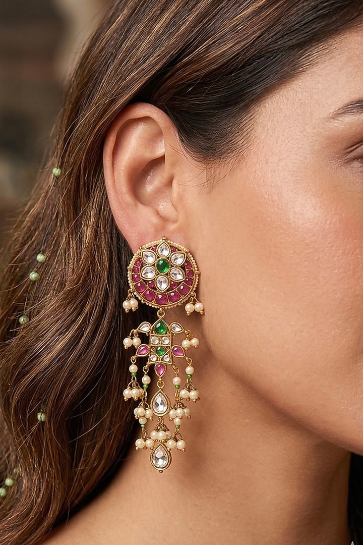 Gold Finish Multi-Colored Synthetic Stone & Pearl Dangler Earrings by Prestones at Pernia's Pop Up Shop
