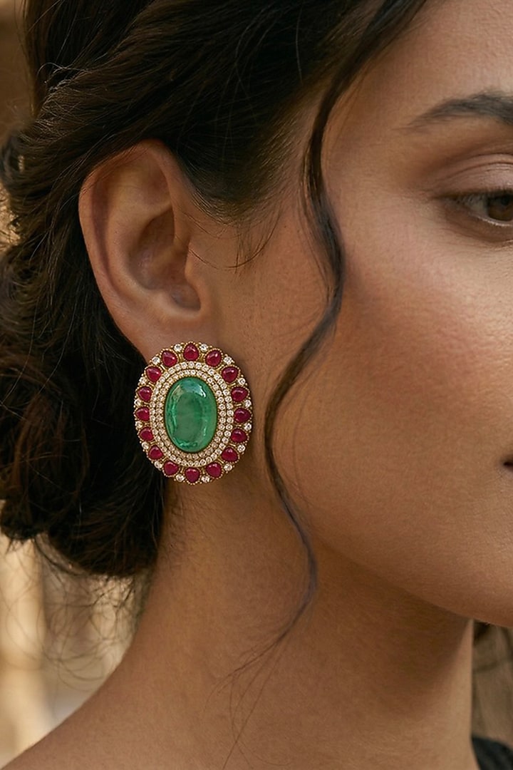 Gold Finish Emerald & Ruby Dangler Earrings by Prestones at Pernia's Pop Up Shop