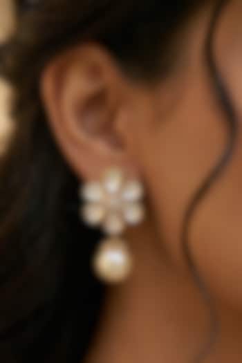 Gold Finish Kundan Polki & Pearl Floral Dangler Earrings by Prestones at Pernia's Pop Up Shop