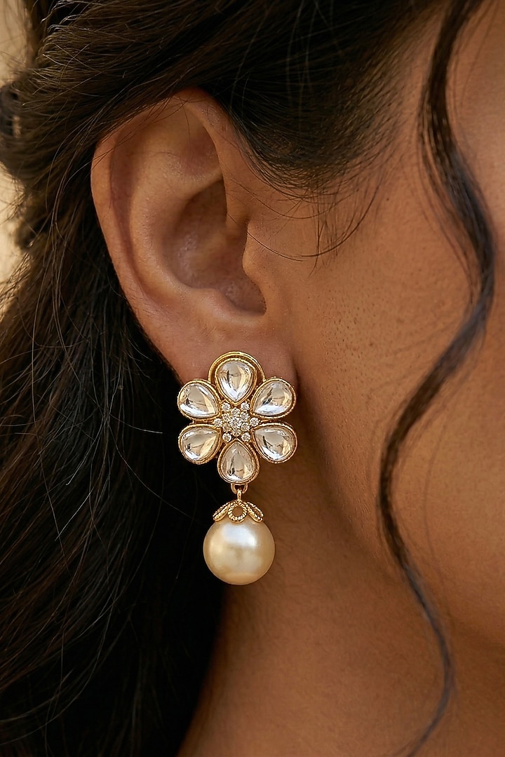 Gold Finish Kundan Polki & Pearl Floral Dangler Earrings by Prestones at Pernia's Pop Up Shop