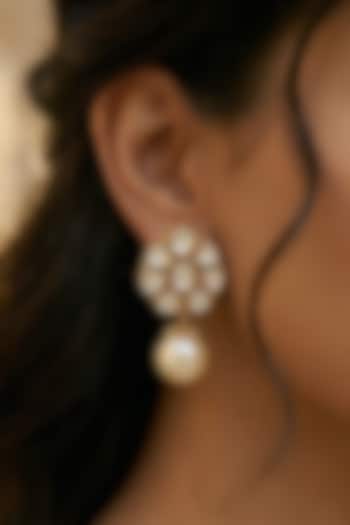 Gold Finish Kundan Polki & Pearl Floral Dangler Earrings by Prestones at Pernia's Pop Up Shop