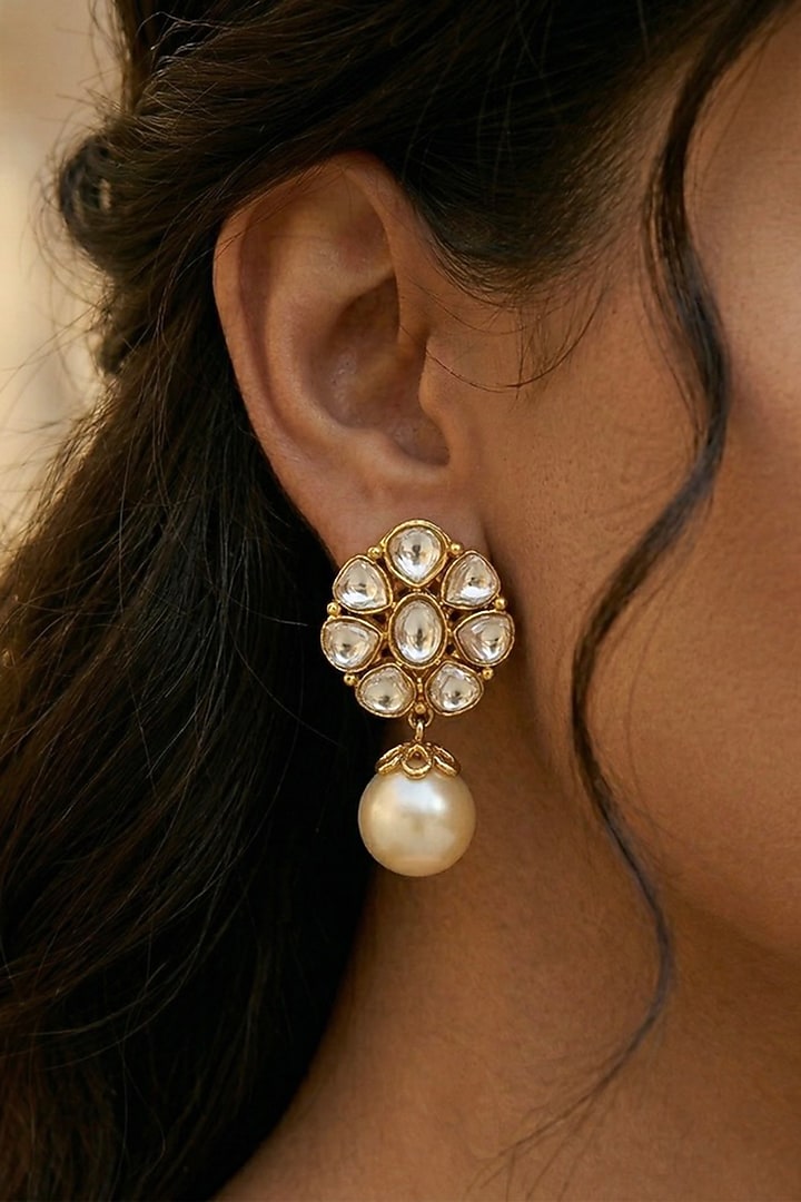 Gold Finish Kundan Polki & Pearl Floral Dangler Earrings by Prestones at Pernia's Pop Up Shop