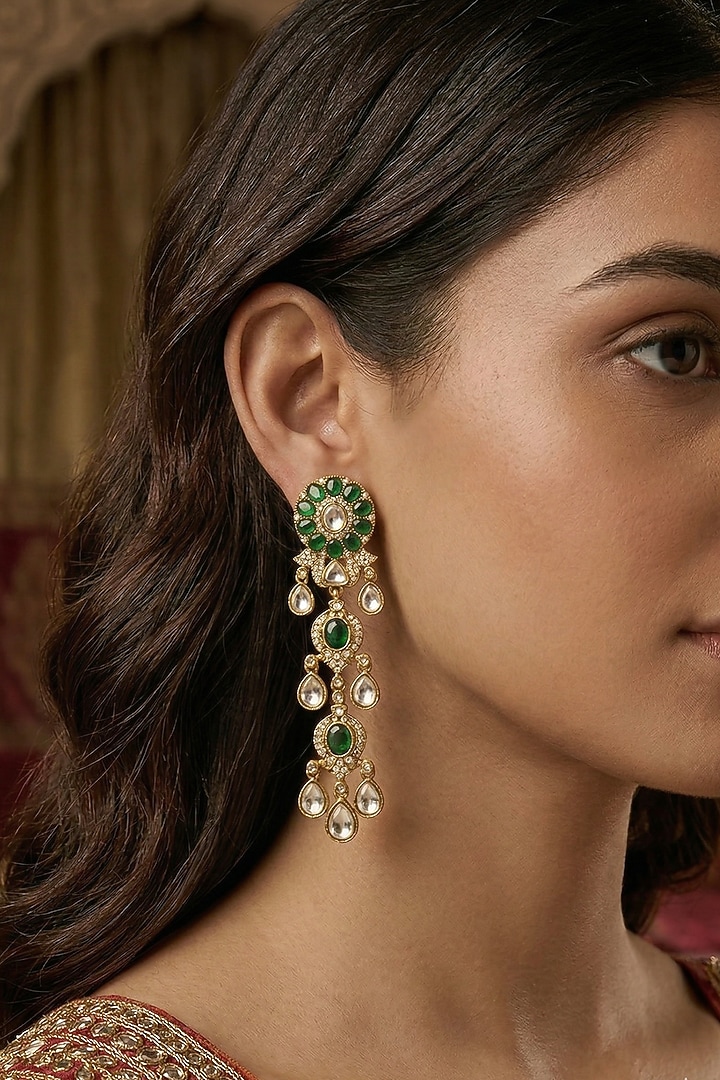 Gold Finish Emerald & Kundan Polki Dangler Earrings by Prestones at Pernia's Pop Up Shop