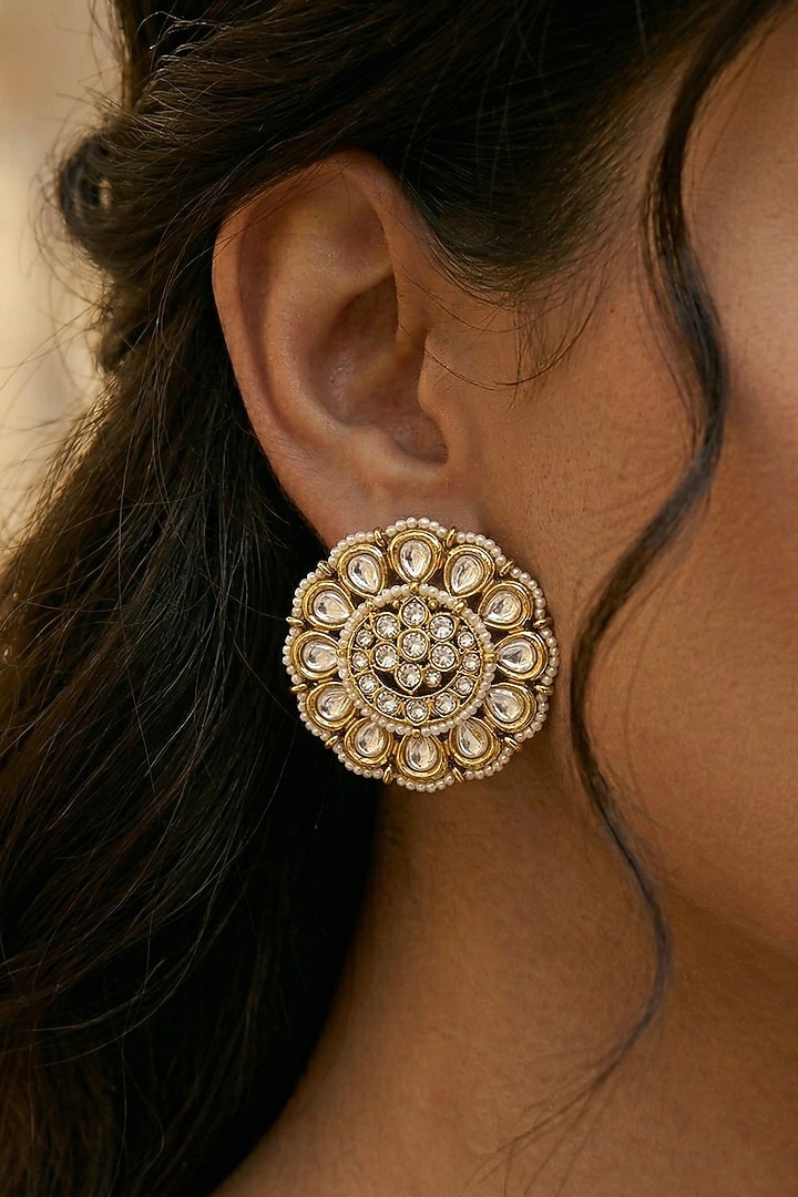 Gold Finish Kundan Polki & Pearl Stud Earrings by Prestones at Pernia's Pop Up Shop