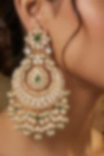 Gold Finish Emerald & Kundan Polki Chandbali Earrings by Prestones at Pernia's Pop Up Shop