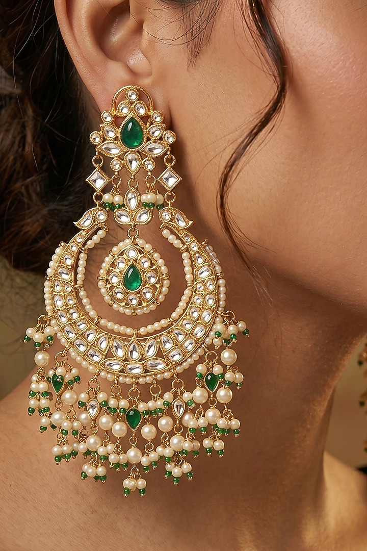 Gold Finish Emerald & Kundan Polki Chandbali Earrings by Prestones at Pernia's Pop Up Shop