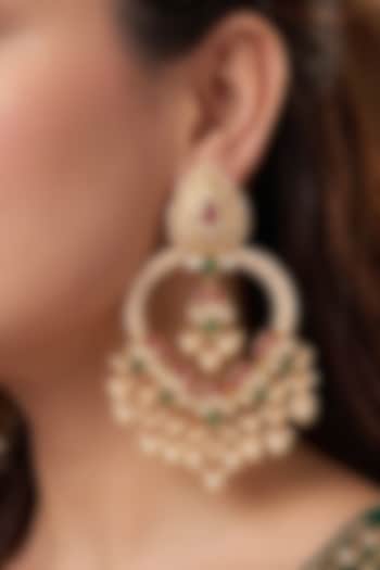 Gold Finish Kundan Polki & Pearl Chandbali Earrings by Prestones at Pernia's Pop Up Shop
