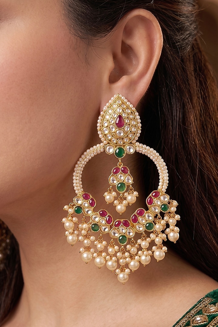 Gold Finish Kundan Polki & Pearl Chandbali Earrings by Prestones at Pernia's Pop Up Shop