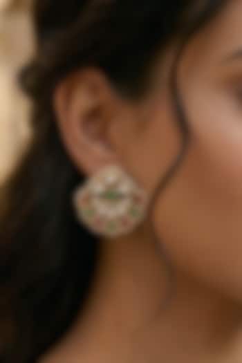 Gold Finish Kundan Polki & Pearl Stud Earrings by Prestones at Pernia's Pop Up Shop