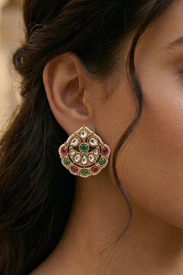 Gold Finish Kundan Polki & Pearl Stud Earrings by Prestones at Pernia's Pop Up Shop