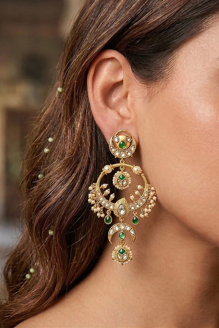 Gold Finish Emerald & Kundan Polki Chandbali Earrings by Prestones at Pernia's Pop Up Shop