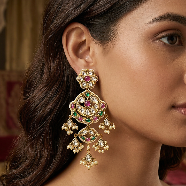 Gold Finish Kundan Polki & Pearl Dangler Earrings by Prestones at Pernia's Pop Up Shop