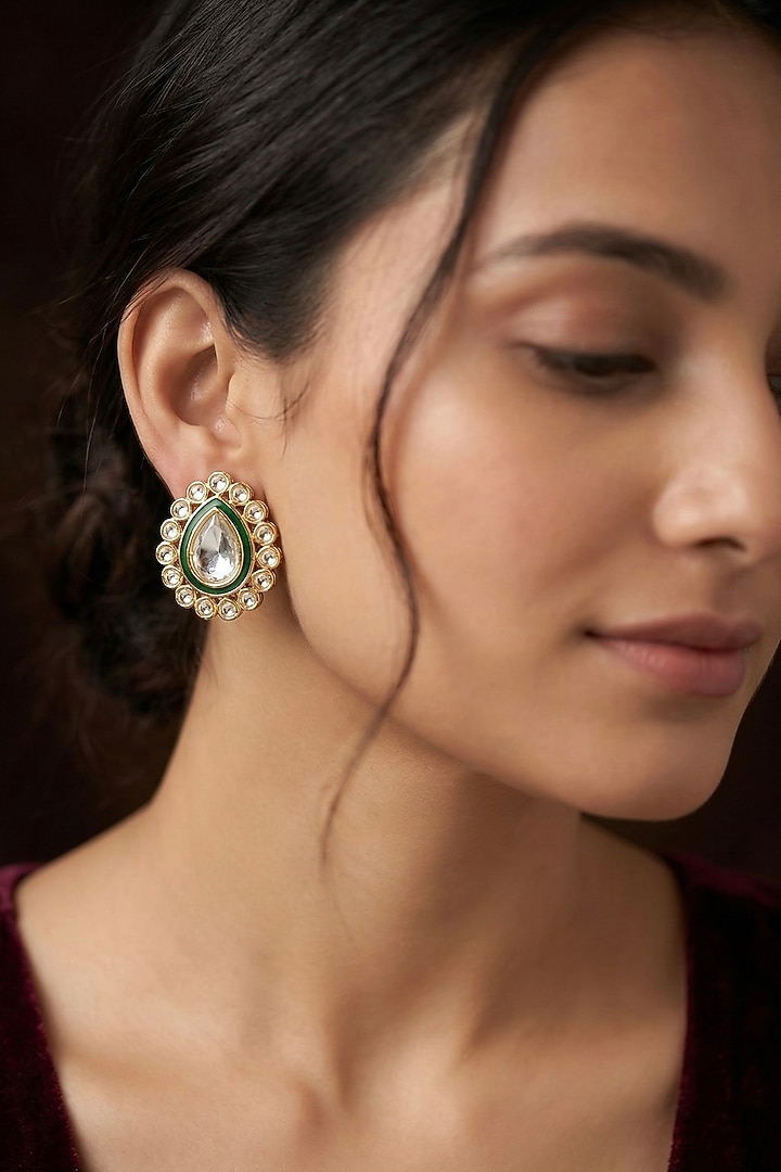 Gold Finish Kundan Polki Green Enameled Stud Earrings by Prestones at Pernia's Pop Up Shop